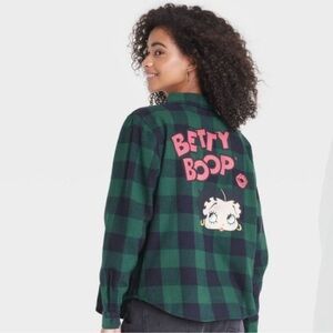 Women's Betty Boop Long Sleeve Checkered Graphic Button-Down Shirt Flann…